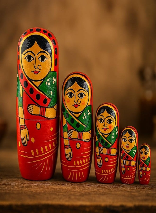 Vemlons Wooden Handmade Baby Toy Painted Dadi Ma Doll Stacking/Wooden Nesting Doll/Stacking Doll, Set of 5piece Doll Set - Image 1